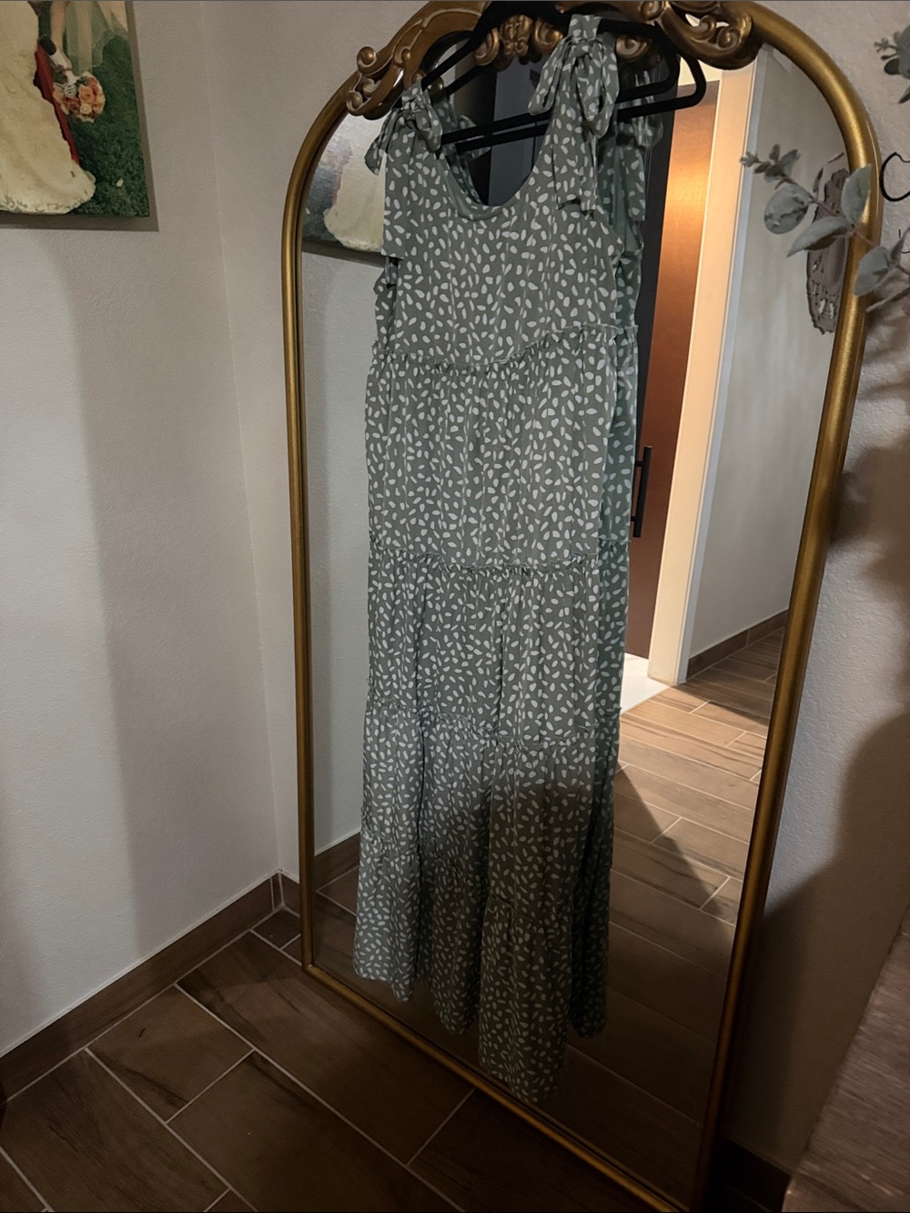 JODIFL Sage Green Printed Tie-Shoulder Maxi Dress